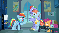 Size: 1280x720 | Tagged: safe, screencap, bow hothoof, rainbow dash, scootaloo, windy whistles, pegasus, pony, g4, parental glideance, angry, beard, bipedal, camera, clothes, ears back, facial hair, father and child, father and daughter, female, filly, foal, folded wings, freckles, frown, furious, hug, husband and wife, locker room, male, mare, mohawk, mother and child, mother and daughter, multicolored mane, multicolored tail, rainbow dash is not amused, rant, sad, scared, shocked, stallion, tearjerker, unamused, window, wow, yelling