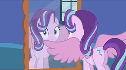 Size: 965x540 | Tagged: safe, artist:forgalorga, starlight glimmer, pony, unicorn, pony and magical artifact, g4, fake wings, female, looking at you, mirror, reflection, solo, wings