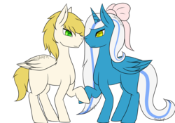 Size: 1024x718 | Tagged: safe, artist:jacegalaxy, oc, oc:fleurbelle, oc:golden skies, alicorn, pegasus, pony, adorabelle, alicorn oc, bow, cute, female, fleurden, green eyes, hair bow, holding hooves, long hair, long mane, long tail, looking at each other, love, male, mare, ocbetes, ribbon, stallion, sweet, yellow eyes