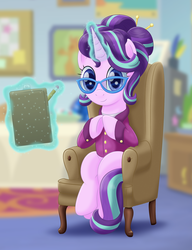 Size: 1860x2420 | Tagged: safe, artist:lifesharbinger, starlight glimmer, pony, unicorn, g4, alternate hairstyle, chair, clipboard, clothes, cute, female, glasses, glimmerbetes, guidance counselor, levitation, looking at you, magic, pencil, school of friendship, sitting, smiling, solo, starlight glimmer day, telekinesis, underhoof