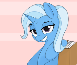 Size: 707x606 | Tagged: safe, artist:treekickerdraws, trixie, pony, g4, book, female, leaning, simple background, solo