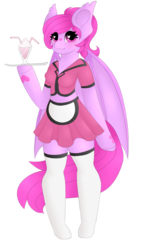 Size: 700x1243 | Tagged: safe, artist:trigger-bolt, oc, oc only, oc:asmudera, bat pony, anthro, unguligrade anthro, anthro oc, arm hooves, bat pony oc, clothes, cute, female, heart eyes, kneesocks, mare, midriff, milkshake, moe, simple background, skirt, socks, solo, thigh highs, transparent background, waitress, wingding eyes, ych result, zettai ryouiki