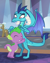 Size: 486x618 | Tagged: safe, screencap, clever musings, princess ember, spike, dragon, pony, g4, school daze, background pony, butt, claws, cropped, cute, dragoness, eyes closed, female, friendship student, hug, long time no see, male, smiling, spikelove, tail, toes, wings