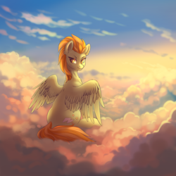 Size: 2388x2388 | Tagged: safe, artist:dragonataxia, lightning dust, pegasus, pony, g4, cloud, digital art, female, high res, looking back, mare, sitting, sky, solo, spread wings, wings