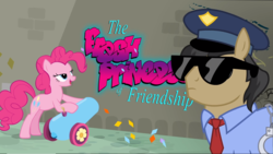 Size: 1920x1080 | Tagged: safe, dragnet shield, jack hammer, pinkie pie, pony, g4, official, confetti, fresh princess of friendship, party cannon, police, police officer, this will end in jail time, vandalism