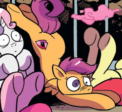 Size: 605x553 | Tagged: safe, idw, apple bloom, pinkie pie, scootaloo, sweetie belle, g4, spoiler:comic, spoiler:comic76, face down ass up, jail, mismatched eyes