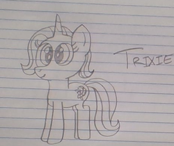 Size: 463x389 | Tagged: safe, artist:nightshadowmlp, trixie, pony, unicorn, g4, female, lined paper, mare, smiling, solo, text, traditional art