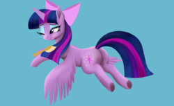 Size: 5759x3531 | Tagged: safe, artist:greenbrothersart, twilight sparkle, alicorn, pony, g4, bow, brush, butt, eyeshadow, female, flying, hair bow, makeup, mare, one eye closed, plot, prone, solo, twilight sparkle (alicorn)