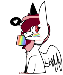 Size: 2600x3080 | Tagged: safe, artist:losyara, oc, oc only, oc:toricelli, pegasus, pony, cheek fluff, chest fluff, choker, female, gay pride, gay pride flag, high res, no shading, pride, simple background, solo, text bubbles, watermark, white background, wings