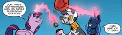 Size: 1864x546 | Tagged: safe, idw, official comic, princess luna, twilight sparkle, zecora, alicorn, pony, zebra, g4, spoiler:comic, spoiler:comic76, blue background, boxing gloves, cropped, ear piercing, earring, female, glowing horn, horn, jewelry, knock out, magic, mare, neck rings, piercing, possessed, punch, simple background, speech bubble, telekinesis, trio, twilight sparkle (alicorn), violence