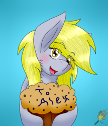 Size: 2153x2500 | Tagged: safe, artist:midnightfire1222, derpy hooves, pegasus, pony, g4, blushing, commission, cute, female, food, high res, muffin, simple background, smiling, solo