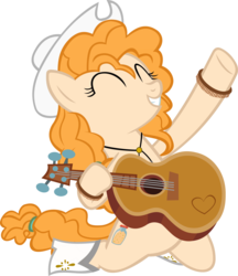 Size: 3834x4447 | Tagged: safe, artist:ironm17, pear butter, earth pony, pony, g4, ^^, bolo tie, boots, bracelet, country, cowboy boots, cowboy hat, eyes closed, female, guitar, hat, jewelry, left handed, raised hoof, simple background, solo, transparent background, vector