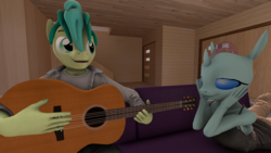 Size: 1920x1080 | Tagged: safe, artist:andrescortez7, ocellus, sandbar, changedling, changeling, earth pony, anthro, g4, 3d, clothes, female, guitar, interspecies, male, romantic, ship:ocelbar, shipping, singing, source filmmaker, straight
