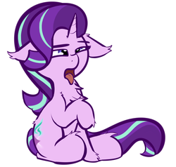 Size: 1765x1680 | Tagged: safe, artist:nevaylin, starlight glimmer, pony, unicorn, g4, chest fluff, disgusted, female, floppy ears, fluffy, leg fluff, simple background, sitting, solo, starlight glimmer day, tongue out, white background