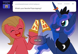 Size: 1148x800 | Tagged: safe, artist:ladyanidraws, princess luna, oc, oc:pun, earth pony, pony, ask pun, g4, ask, bacon, female, food, hoof hold, mare, meat, pizza, ponies eating meat