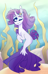 Size: 2894x4454 | Tagged: safe, artist:paradiseskeletons, rarity, pony, seapony (g4), unicorn, g4, my little pony: the movie, blue eyes, coral, crepuscular rays, dorsal fin, eyelashes, eyeshadow, female, fin, fish tail, flowing mane, flowing tail, glowing, horn, makeup, mare, ocean, one eye closed, open mouth, open smile, scales, seaponified, seapony rarity, seaweed, smiling, solo, species swap, sunlight, swimming, tail, underwater, unshorn fetlocks, water