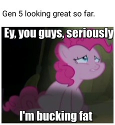Size: 1080x1176 | Tagged: safe, edit, edited screencap, editor:apex soundwave, screencap, pinkie pie, earth pony, pony, g4, the cutie map, baked bads, caption, cropped, fat, female, g5 speculation, image macro, impact font, mare, pudgy pie, solo, stolen meme, text, winnie the pink