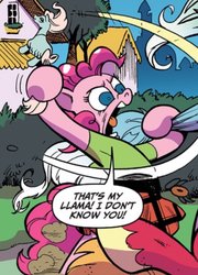 Size: 864x1200 | Tagged: safe, artist:andy price, idw, official comic, big macintosh, pinkie pie, princess celestia, llama, pony, friendship is magic #76, g4, spoiler:comic, cropped, female, king of the hill, mare, reference, speech bubble, that's my purse i don't know you