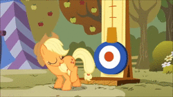 Size: 1280x720 | Tagged: safe, screencap, applejack, daisy, flower wishes, fluttershy, lyra heartstrings, rainbow dash, rainbowshine, earth pony, pegasus, pony, unicorn, fall weather friends, g4, animated, apple, apple tree, competition, female, flag, food, high striker, kicking, mare, scoreboard, shave and a haircut, shocked, sound, tree, webm