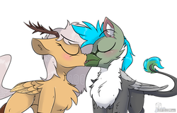 Size: 1688x1080 | Tagged: safe, artist:difis, oc, oc:antler pone, oc:fluffy (the griffon), griffon, pony, antlers, blushing, kissing