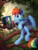 Size: 1730x2280 | Tagged: safe, artist:yakovlev-vad, rainbow dash, pegasus, pony, semi-anthro, g4, arm hooves, book, coffee, coffee cup, cup, daring do and the sapphire statue, daring do book, eyebrows, eyebrows visible through hair, female, in a tree, mare, reading, scenery, sitting, slender, smiling, solo, thin, tree, tree branch, wings