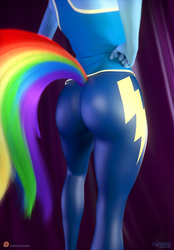 Size: 1000x1433 | Tagged: safe, artist:eqamrd, rainbow dash, pegasus, anthro, g4, 3d, 3ds max, ass, butt, butt only, clothes, feathered wings, female, implied tail hole, leggings, mare, multicolored hair, rainbutt dash, solo, spread wings, tail, uniform, wings, wonderbolts uniform