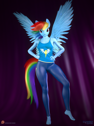 Size: 1000x1334 | Tagged: safe, artist:eqamrd, rainbow dash, pegasus, anthro, plantigrade anthro, g4, 3d, 3ds max, barefoot, breasts, clothes, feet, female, leggings, looking at you, mare, multicolored hair, solo, spread wings, tail, uniform, wings, wonderbolts uniform