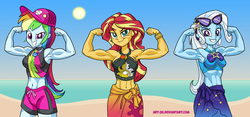Size: 1929x906 | Tagged: safe, artist:art-2u, rainbow dash, sunset shimmer, trixie, equestria girls, equestria girls series, forgotten friendship, g4, armpits, beach, belly button, biceps, bracelet, cap, clothes, female, flexing, geode of empathy, geode of super speed, grand and muscular trixie, hat, jewelry, looking at you, magical geodes, midriff, muscles, muscular female, necklace, rainbuff dash, sarong, smiling, sun, sunglasses, sunset lifter, swimsuit