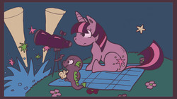 Size: 735x412 | Tagged: safe, artist:shaenon k. garrity, spike, twilight sparkle, fanfic:observatory hill, g4, duo, fanfic, fanfic art, fanfic cover, fireworks, stars