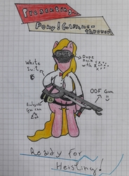 Size: 3010x4096 | Tagged: safe, artist:juani236, oc, oc only, oc:pink flame, earth pony, pony, clothes, ecology, flamethrower, gas can, graph paper, hind legs, mask, oof, payday 2, payday the heist, pink skin, solo, suit, traditional art, weapon, what i just made?, white suit, yellow hair
