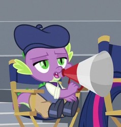 Size: 414x434 | Tagged: safe, screencap, spike, twilight sparkle, alicorn, dragon, pony, g4, horse play, chair, claws, clothes, cropped, director spike, director's chair, hat, male, offscreen character, shoes, tail, twilight sparkle (alicorn)