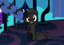 Size: 2820x1994 | Tagged: safe, artist:badumsquish, derpibooru exclusive, oc, oc only, bat, clothes pony, monster pony, original species, pony, bat cloak, bedroom, cloak, clothes, curtains, female, grin, happy, implied princess luna, looking at you, luna's room, night, red eyes, sitting, smiling, solo, transformation, window