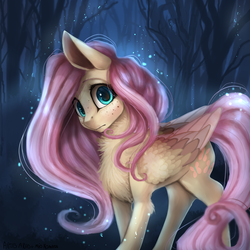 Size: 4000x4000 | Tagged: safe, artist:alissa1010, artist:miokomata, fluttershy, pegasus, pony, g4, absurd resolution, chest fluff, collaboration, cute, cute little fangs, fangs, female, freckles, leg fluff, looking at you, mare, neck fluff, night, shyabetes, solo, wing fluff