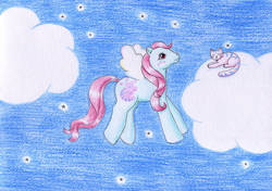 Size: 1280x902 | Tagged: safe, artist:normaleeinsane, pink dreams, cat, g1, cloud, female, solo, stars, traditional art