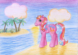 Size: 1280x906 | Tagged: safe, artist:normaleeinsane, piña colada (g1), pony, g1, cloud, female, island, ocean, solo, sun, traditional art, tree, tropical ponies