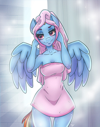 Size: 3543x4509 | Tagged: safe, artist:pitchyy, rainbow dash, pegasus, anthro, g4, after shower, bathtowel, breasts, cleavage, female, mare, naked towel, shower, solo, towel, towel on head