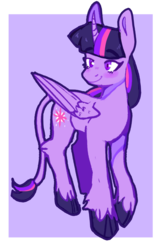 Size: 971x1509 | Tagged: safe, artist:eudaemonix, twilight sparkle, alicorn, classical unicorn, pony, g4, cloven hooves, female, horn, leg fluff, leonine tail, mare, purple background, simple background, solo, twilight sparkle (alicorn), unshorn fetlocks, wing fluff