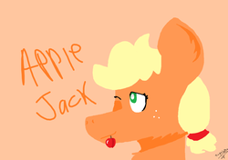 Size: 1146x807 | Tagged: safe, artist:sherbert, applejack, g4, apple, caption, food, image macro, one eye closed, signature, text, wink