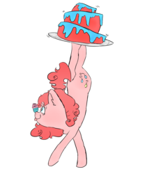 Size: 1280x1536 | Tagged: safe, artist:somelazyassartist, pinkie pie, earth pony, pony, g4, :p, balancing, cake, chest fluff, cupcake, cute, diapinkes, ear fluff, eyes on the prize, female, food, freckles, handstand, mare, plate, ponies balancing stuff on their nose, profile, silly, simple background, smiling, solo, tongue out, transparent background, upside down