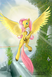 Size: 1462x2153 | Tagged: safe, artist:devinian, angel bunny, fluttershy, butterfly, pegasus, pony, g4, female, flying, grass, mare, plant, spread wings, stairs, sunlight, wings