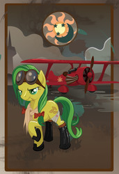 Size: 1403x2053 | Tagged: safe, artist:devinian, apple fritter, earth pony, pony, g4, aircraft, apple family member, blood, clothes, female, goggles, solo