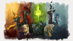 Size: 1920x1080 | Tagged: safe, artist:plainoasis, applejack, oc, oc:agave, oc:bullion, oc:cassava, oc:queen aconita, oc:queen carnation, oc:steel shod, oc:vanity, changeling, changeling queen, fanfic:the advent of applejack, g4, blue changeling, changeling queen oc, female, red changeling, royal guard, white changeling, yellow changeling