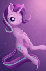 Size: 1260x1938 | Tagged: safe, artist:dusthiel, starlight glimmer, pony, unicorn, g4, chest fluff, cute, female, looking at you, mare, one eye closed, shooting star, solo, starlight glimmer day, starry backdrop, stars, wink