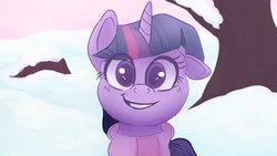 Size: 1280x720 | Tagged: safe, artist:marsclaws, twilight sparkle, pony, unicorn, g4, bust, clothes, colored pupils, cute, eye clipping through hair, female, floppy ears, looking at you, portrait, scarf, snow, solo, twiabetes, winter