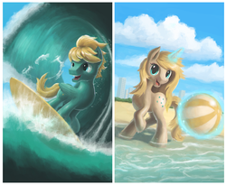 Size: 2070x1696 | Tagged: safe, artist:plainoasis, oc, oc:bruce, oc:starcrossed, pegasus, pony, unicorn, duo, mascot, ponycon au, surfing