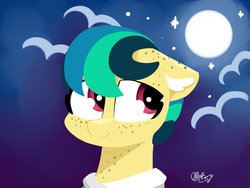 Size: 1600x1200 | Tagged: safe, artist:allydrawing, oc, oc only, oc:apogee, pony, bust, clothes, cloud, cute, ear fluff, ear freckles, floppy ears, freckles, moon, neck freckles, ocbetes, portrait, solo, stars