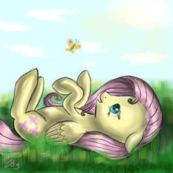 Size: 2000x2000 | Tagged: safe, artist:budgieflitter, fluttershy, butterfly, pegasus, pony, g4, cute, female, floppy ears, high res, mare, on back, open mouth, profile, shyabetes, solo