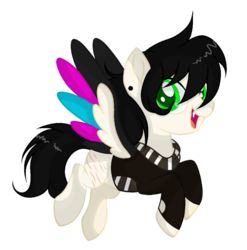 Size: 888x900 | Tagged: safe, artist:mintoria, artist:space--paws0w0, oc, oc only, oc:ruby record, pegasus, pony, blank flank, clothes, colored wings, ear piercing, earring, fangs, female, flying, hoodie, jewelry, mare, movie accurate, multicolored wings, open mouth, piercing, raised hoof, scar, simple background, solo, sweater, transparent background