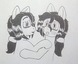 Size: 924x770 | Tagged: safe, artist:scraggleman, oc, oc only, oc:floor bored, earth pony, pony, bags under eyes, blushing, ponytail, self ponidox, selfcest, shipping, traditional art