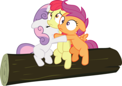 Size: 3759x2656 | Tagged: safe, artist:frownfactory, apple bloom, scootaloo, sweetie belle, earth pony, pegasus, pony, unicorn, g4, sleepless in ponyville, .svg available, cutie mark crusaders, eyes closed, female, filly, floppy ears, high res, horn, hug, log, scared, simple background, svg, transparent background, vector, wings